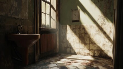 Sunlit, dilapidated room; old sink, tiled floor.