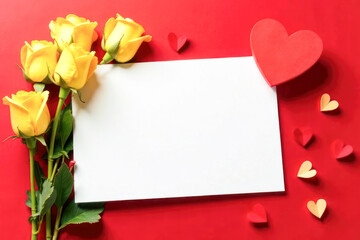 Yellow roses are elegantly placed next to a blank card and colorful paper hearts on a bright red surface. This setup suggests a romantic or celebratory occasion.