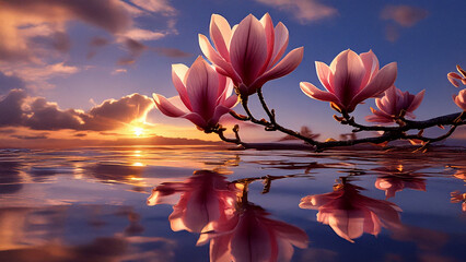 Magnolia flower reflecting in the water and melting in the air at sunset, nature art