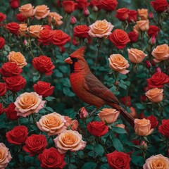A cardinal among vibrant roses.