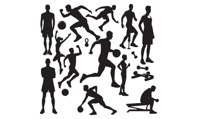 Silhouette vector illustration set of people in various action poses, including sport, dance, business, and fitness