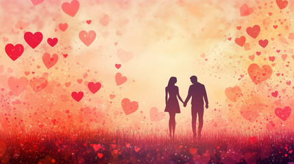 Fototapeta premium Valentine's Day banner design with love theme, featuring silhouette of couple holding hands in the center, surrounded by sparkling red hearts, Ai generated images