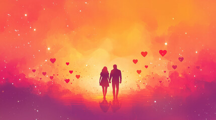 Valentine's Day banner design with love theme, featuring silhouette of couple holding hands in the center, surrounded by sparkling red hearts, Ai generated images