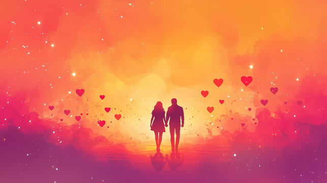 Valentine's Day banner design with love theme, featuring silhouette of couple holding hands in the center, surrounded by sparkling red hearts, Ai generated images