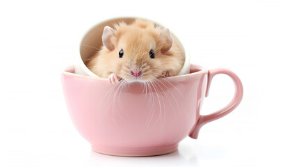 Cute little rat in cup on white background