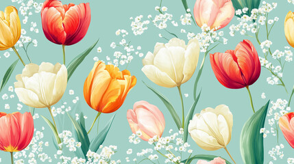 Seamless floral design with vibrant tulips and delicate baby's breath on a pastel teal background