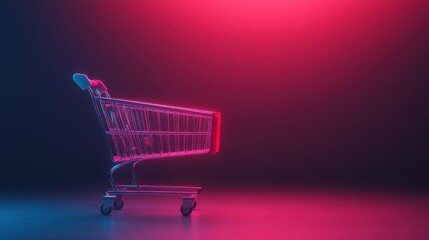 A glowing shopping cart in vibrant pink and blue lighting against a dark background, creating a modern, stylish atmosphere.