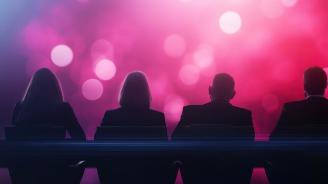 Silhouettes of four individuals seated against a vibrant, colorful background, evoking a sense of anticipation and mystery.