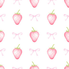 Strawberries and bows. Watercolor seamless pattern on white background in pastel colors for textiles and wrapping paper. Cute children's illustration