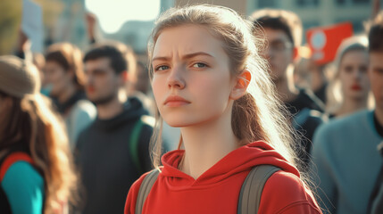 Fototapeta premium Young woman standing in a protest crowd wearing a red hoodie with a determined expression