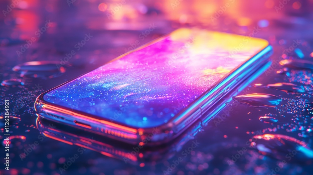 Poster a sleek smartphone lies on a reflective surface, displaying an eye-catching holographic interface. t