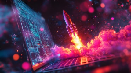 Fototapeta premium Colorful rocket launch, cyber theme, futuristic design, vibrant colors, digital explosion, computer screen background