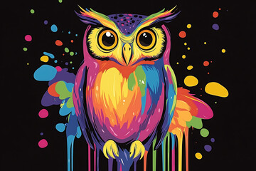 Naklejka premium A colorful, stylized owl illustration with vibrant splashes of paint on a black background.