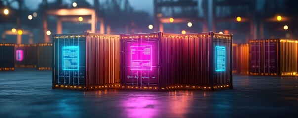 Fototapeta premium Glowing shipping containers stacked at a port, illuminated by vibrant lights, create a striking urban landscape.