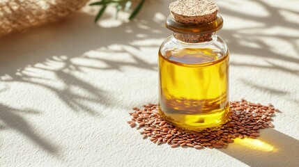 Glass bottle of flaxseed oil with seeds on sunny table