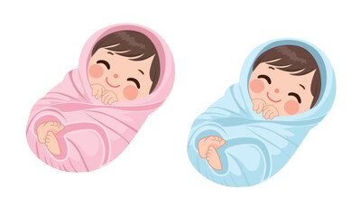 Smiling baby is wrapped in blanket. Swaddled baby vector. Baby clipart.  Baby shower element. Flat vector in cartoon style isolated on white background.