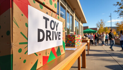 Colorful Toy Drive boxes displayed at outdoor charity event with people and festive atmosphere