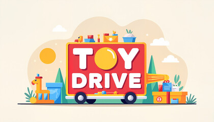 Obraz premium Colorful illustration of Toy Drive truck filled with toys and decorations in playful design