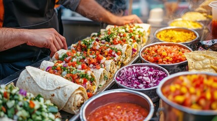Obraz premium Colorful and Fresh Street Food Burritos with Salsa