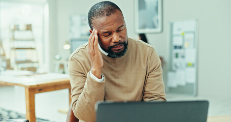 Frustrated, businessman and laptop with headache for mistake, vertigo or pressure at office. Black...