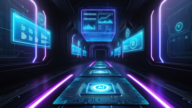 binary code tunnel "Futuristic 4K Glowing Circuit Board with Neon Lights and Holographic Projections" - Powered by Adobe