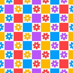 Seamless pattern with checkerboard design and flowers