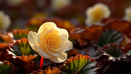 white blooming begonia flower, its petals displaying intricate self-growth, all in frame, surrounded by leaves in soft green colours. Morning light slanting from the right