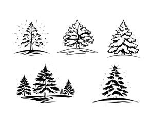 set of snow tree black line illustration isolated background
