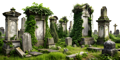 Abandoned Cemetery with Weathered Tombstones and Overgrown Vegetation on white Background.AI GENERATED