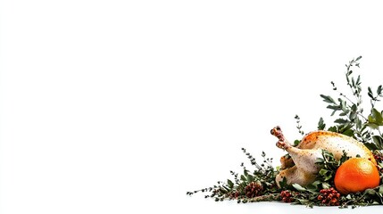 A golden roasted chicken with fresh thyme and parsley, isolated on a clean white background for Thanksgiving celebration concepts.