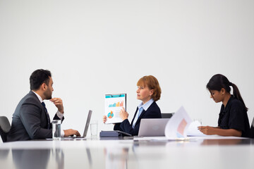 Business meeting -  Group of friends meeting at home. Diverse business people asian woman and caucasian man discussion in corporate meeting at conference room