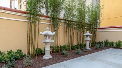 A harmonious blend of nature and tradition, with bamboo leaves and a stone lantern as the focal point in a lush garden.