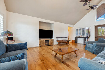 Spacious living room with modern and rustic decor style