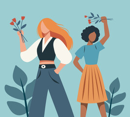 Fashionable flat illustration strong women stand together with flowers. Concept of feminism gender equality protection of women's rights and freedoms. Vector postcard in flat style