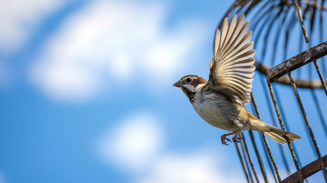Closeup of a small bird with detailed feathers in mid-flight, wings fully spread, flying out of an open metal cage, set against a bright blue sky with soft clouds, freedom and movement concept