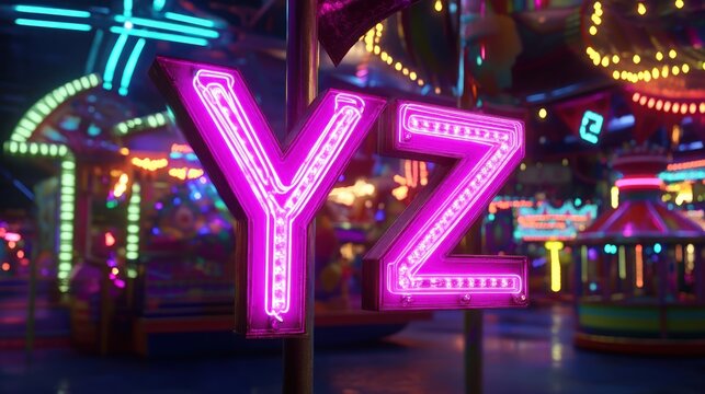 A vibrant neon sign reading "YZ" in an amusement park setting filled with colorful lights.