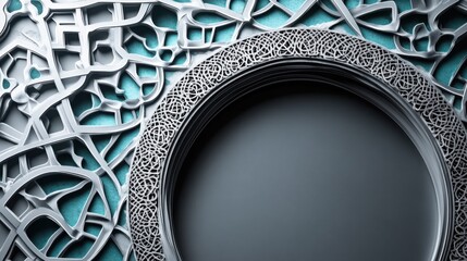 Intricate Circular Design: Abstract 3D Render of an Ornate Frame with Teal Background