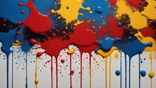Creative Explosion of Colour: Red, Blue, and Yellow Paint Splatters with Dynamic Artistic Flow.