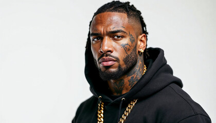 An intense portrait of an American gangster with tattoos, gold chain, and a confident, commanding presence.

