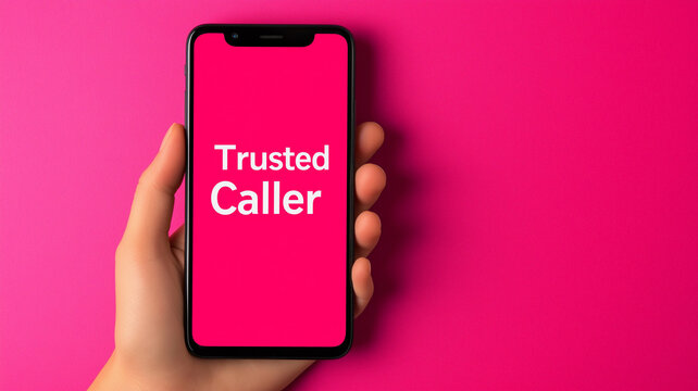 Prevention Spam Calls on Mobile Phones. hand holding smartphone with vibrant pink background and text Trusted Caller displayed on screen, conveying reliability and trust
