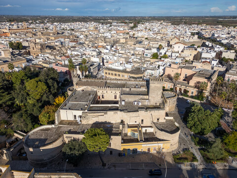 Aerial drone view of the old castle in the historical town of Nardo in Puglia, southern Italy.