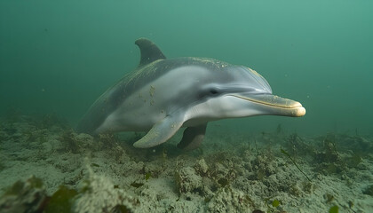 Naklejka premium Dolphin swimming underwater near seabed.