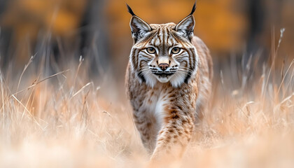 Fototapeta premium Eurasian lynx walking through tall autumn grass.