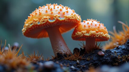 Two vibrant orange mushrooms emerge from damp earth, adorned with textured caps and surrounded by soft green moss, highlighting nature's beauty in a serene forest environment.