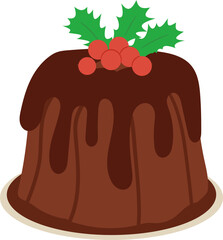 Christmas pudding, fruit cake with holly berry.