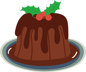 Christmas pudding, fruit cake with holly berry.