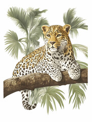 Naklejka premium Leopard resting on a tree branch amidst lush tropical foliage.