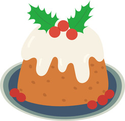 Christmas pudding, fruit cake with holly berry.