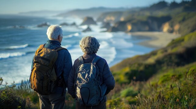 Senior couple enjoying a serene ocean view from a cliff, symbolizing companionship, relaxation, and the beauty of an active, adventurous retirement lifestyle.