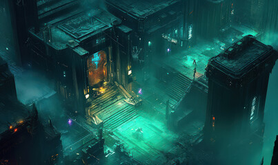 Naklejka premium Mysterious cyberpunk city neon lights bathe futuristic architecture in eerie glow